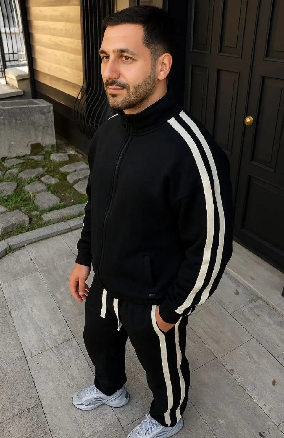 Erkek Çift Şeritli Eşofman Takım Dik Yaka Fermuarlı Sweatshirt Boru Paça Alt, Oversize 3 iplik Pamuklu - Siyah