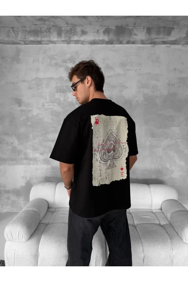 Ön ve Arka Baskılı Oversize Bisiklet Yaka T-shirt - Siyah