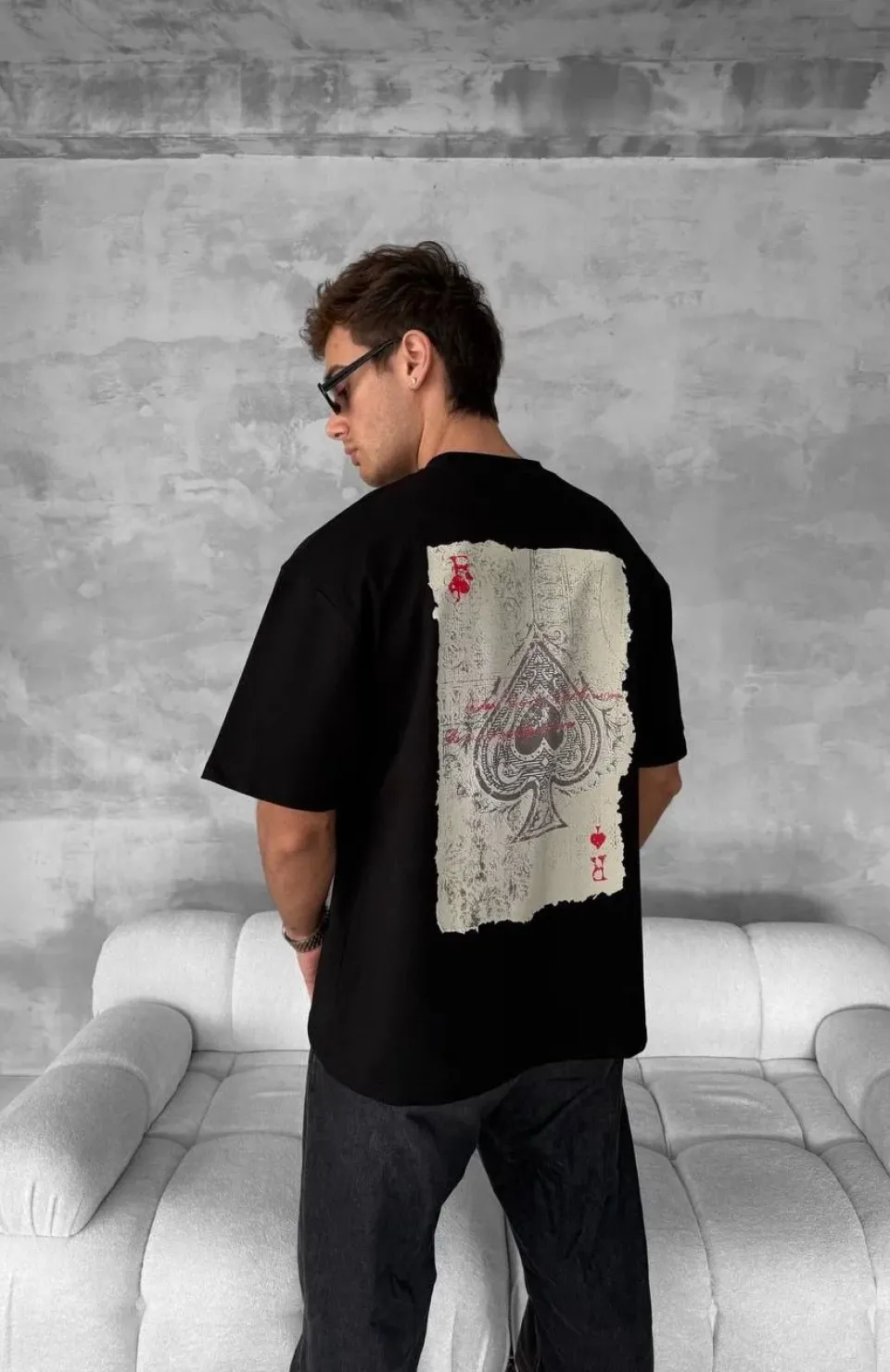 Ön ve Arka Baskılı Oversize Bisiklet Yaka T-shirt - Siyah