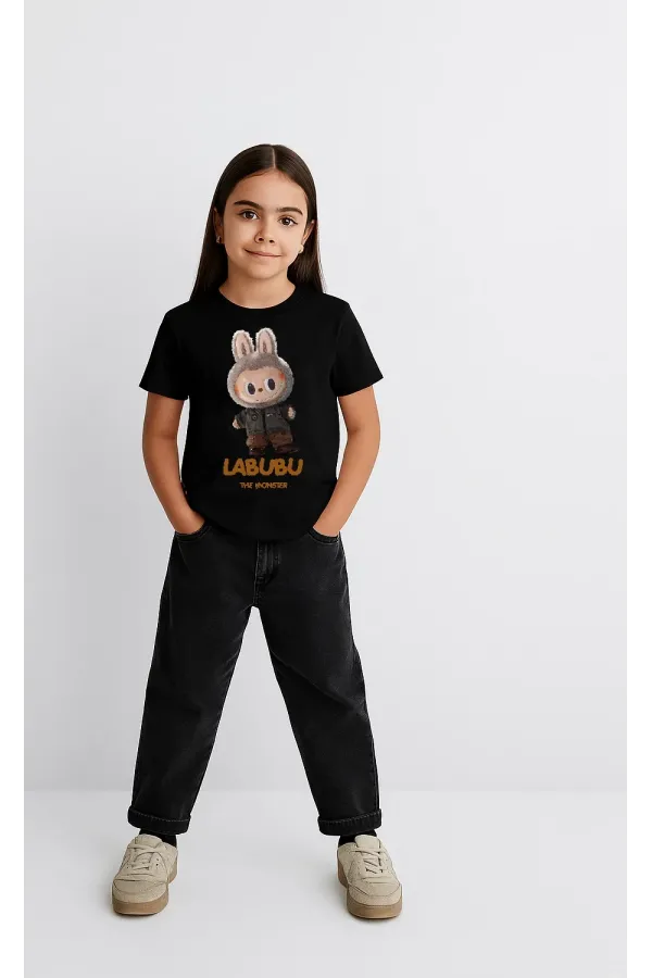 Kız Labubu Çocuk Baskılı T-Shirt - Siyah