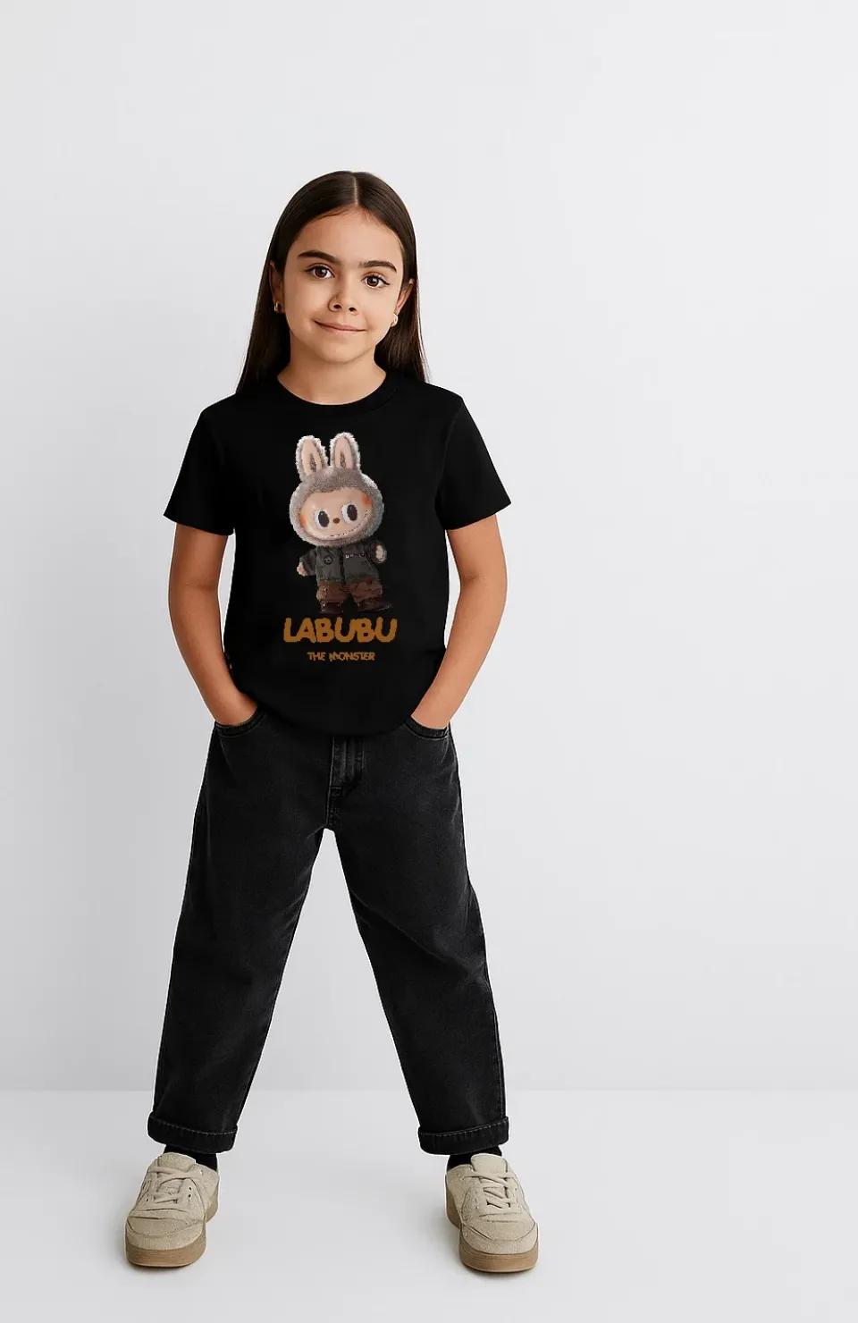 Kız Labubu Çocuk Baskılı T-Shirt - Siyah