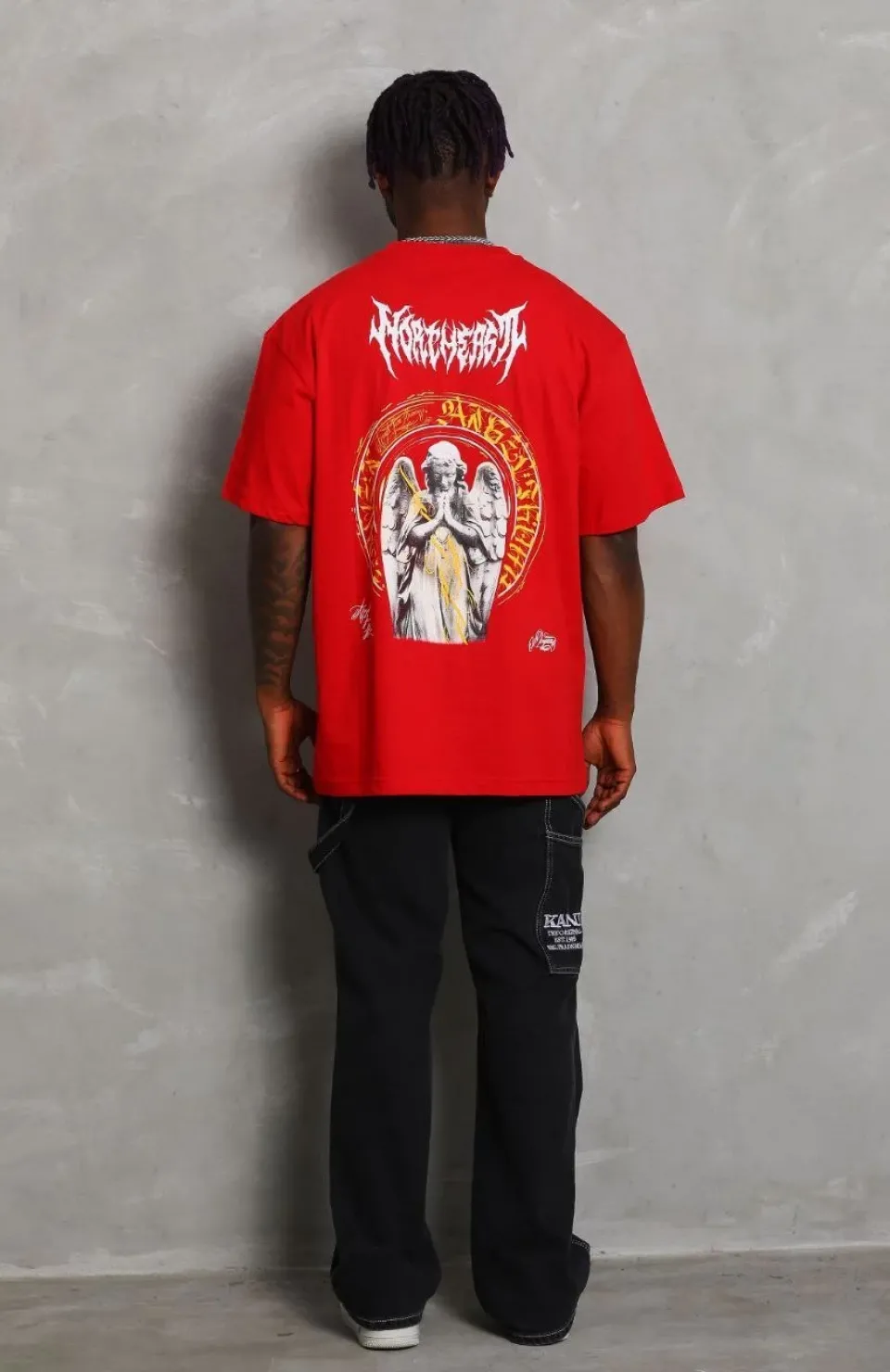 Unisex Oversize Baskılı Bisiklet Yaka T-Shirt - Kırmızı