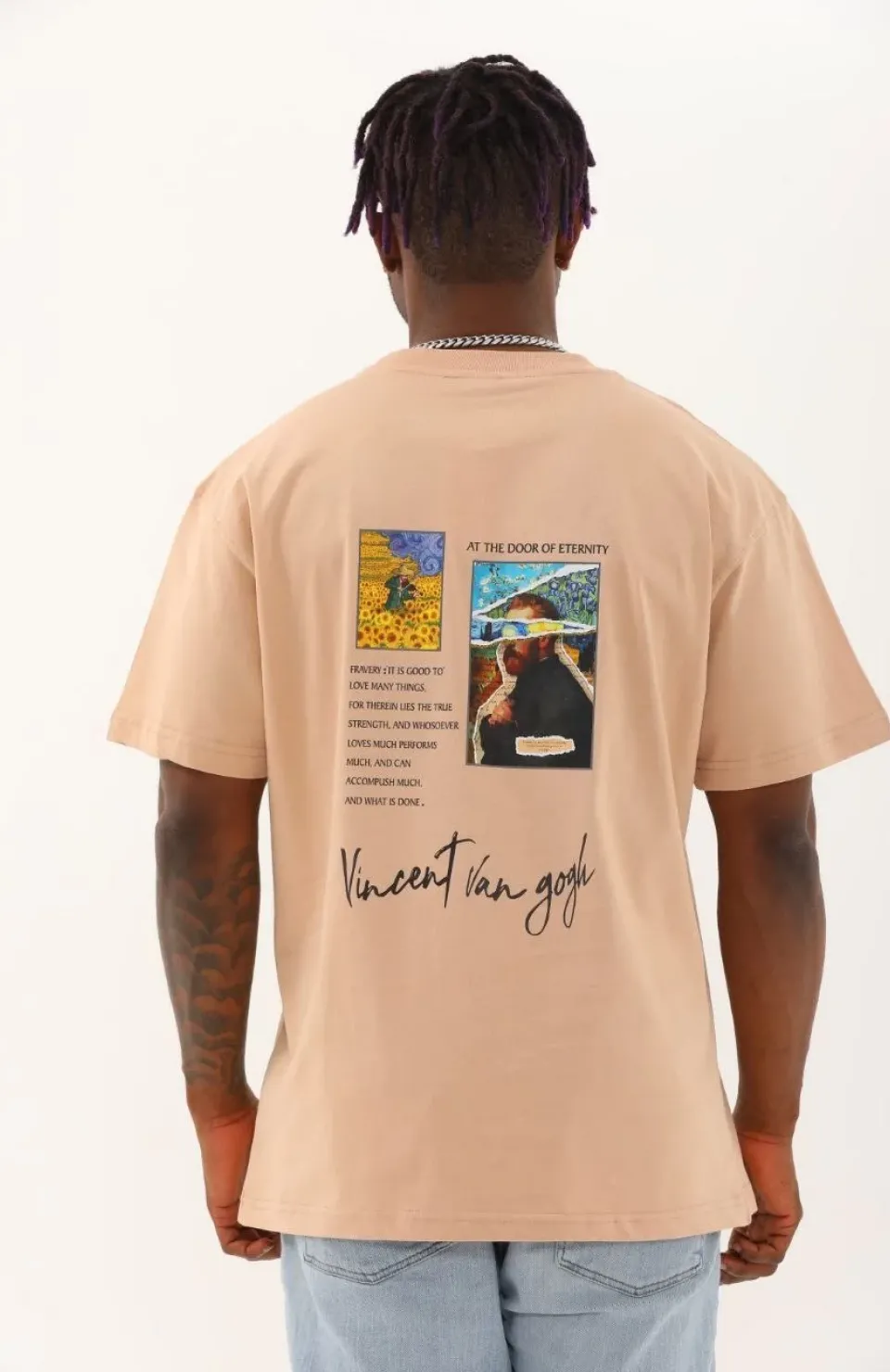 Unisex Oversize Baskılı Bisiklet Yaka T-Shirt - Bej