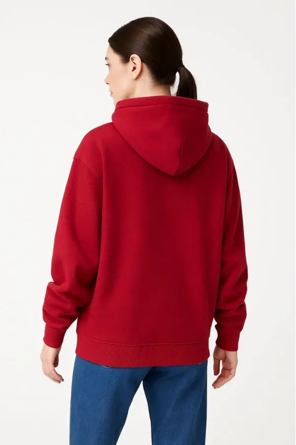 Samuray Ninja Çift Kapüşonlu Kadın Hoodie Oversize Kanguru Cepli, Bahar & Kışlık Fermuarlı Sweatshirt- Kırmızı