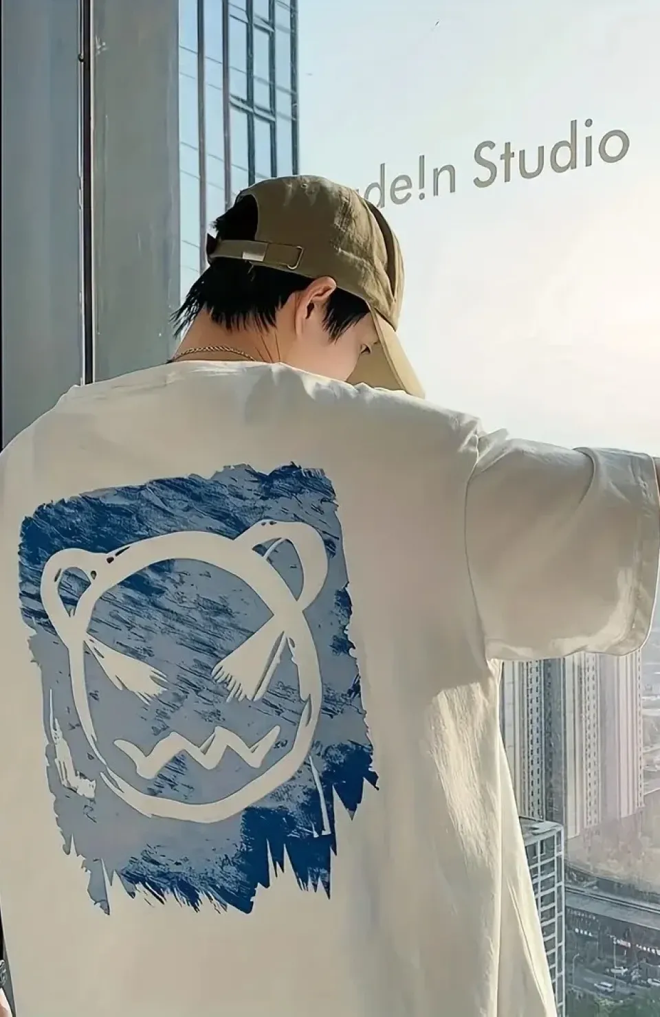 20/1 Penye Compack Bisiklet Yaka Kore tarzı sevimli ayı baskı Kısa Kol Erkek t-shirt - Beyaz