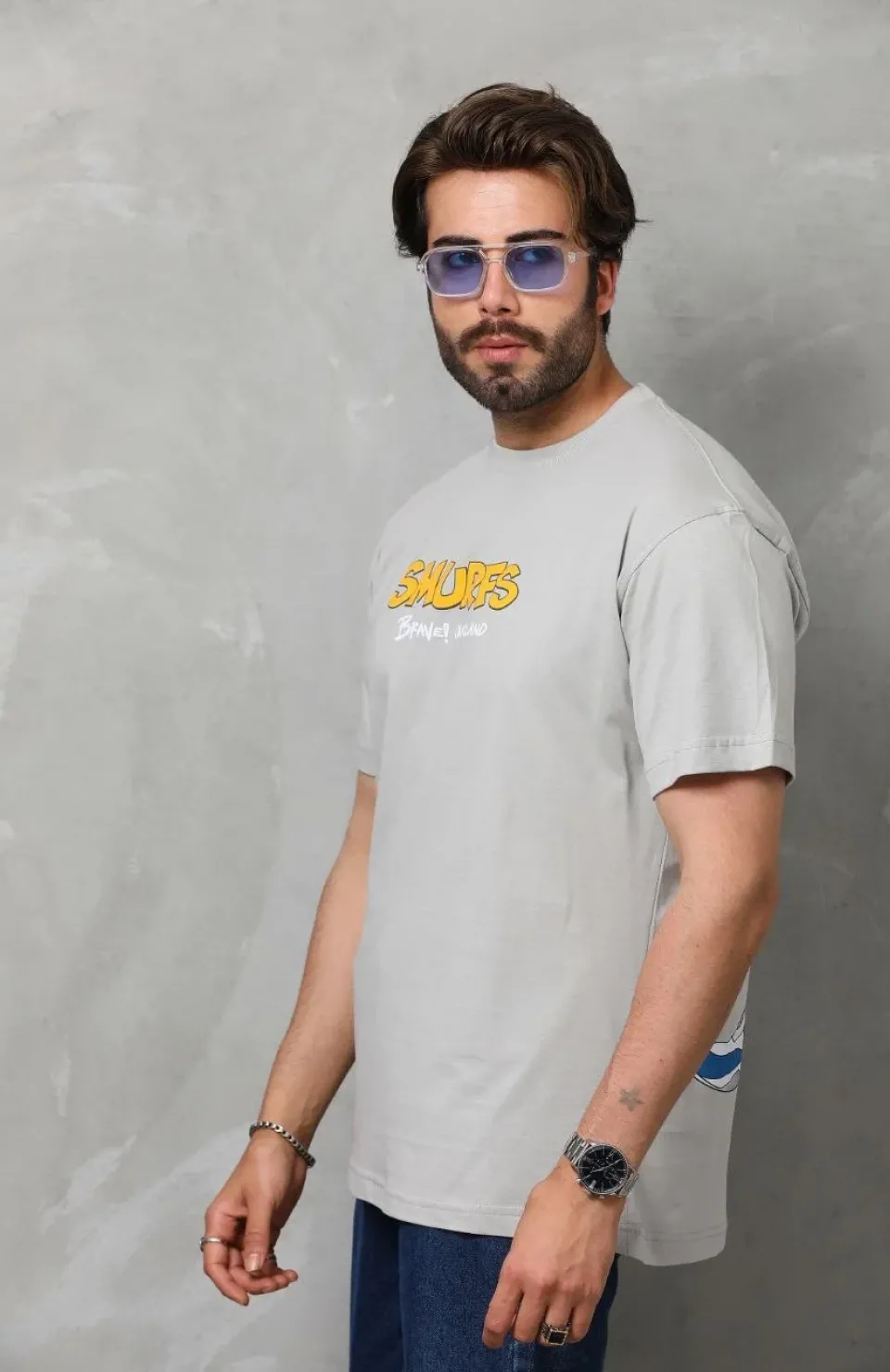 Unisex Basic Bisiklet Yaka Oversize T-Shirt - Gri