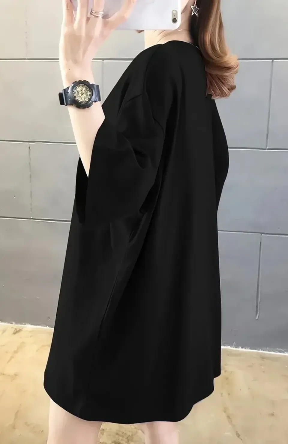 20/1 Penye Compack Ön Arka Baskılı Oversize Bisiklet Yaka T-shirt - Siyah