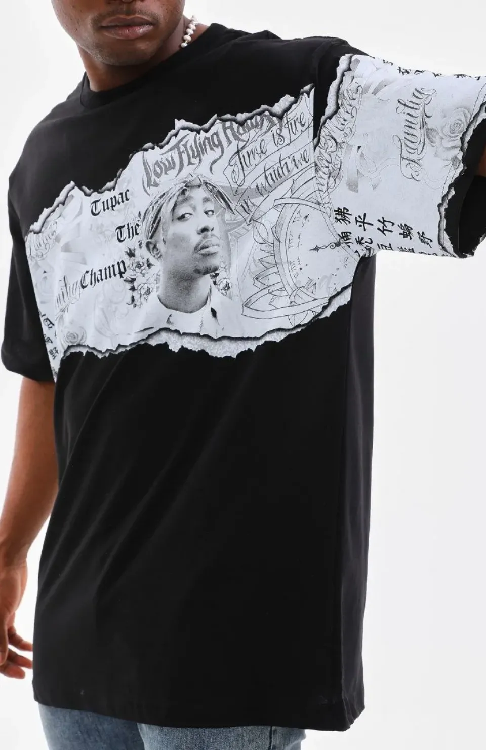 Unisex Bisiklet Yaka Baskılı Oversize T-Shirt - Siyah