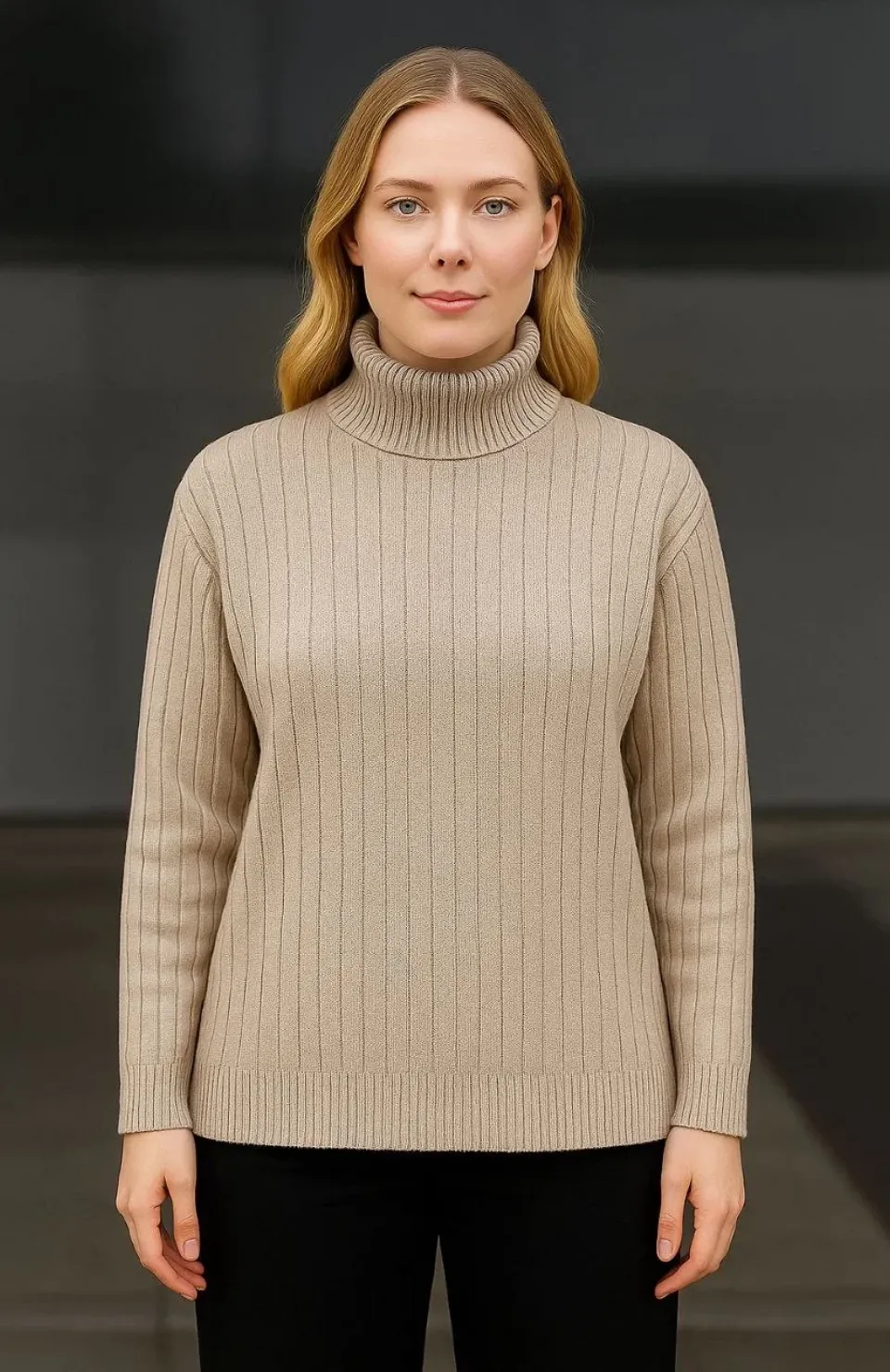 Kadın Balıkcı Yaka Bağazlı Triko Kazak Pamuklu Kalın Fitilli Dokuma - Bej