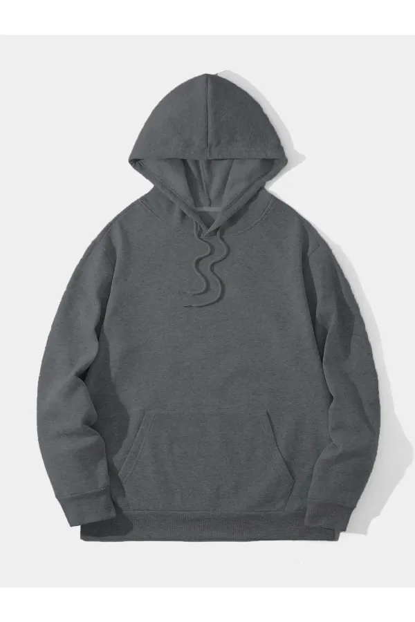 Erkek Düz Kapüşonlu Sweat - Füme