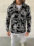 Erkek Yarım Fermuarlı Desenli Polar Sweat Yakalı, Uzun Kollu, Oversize Rahat Kalıp - Siyah