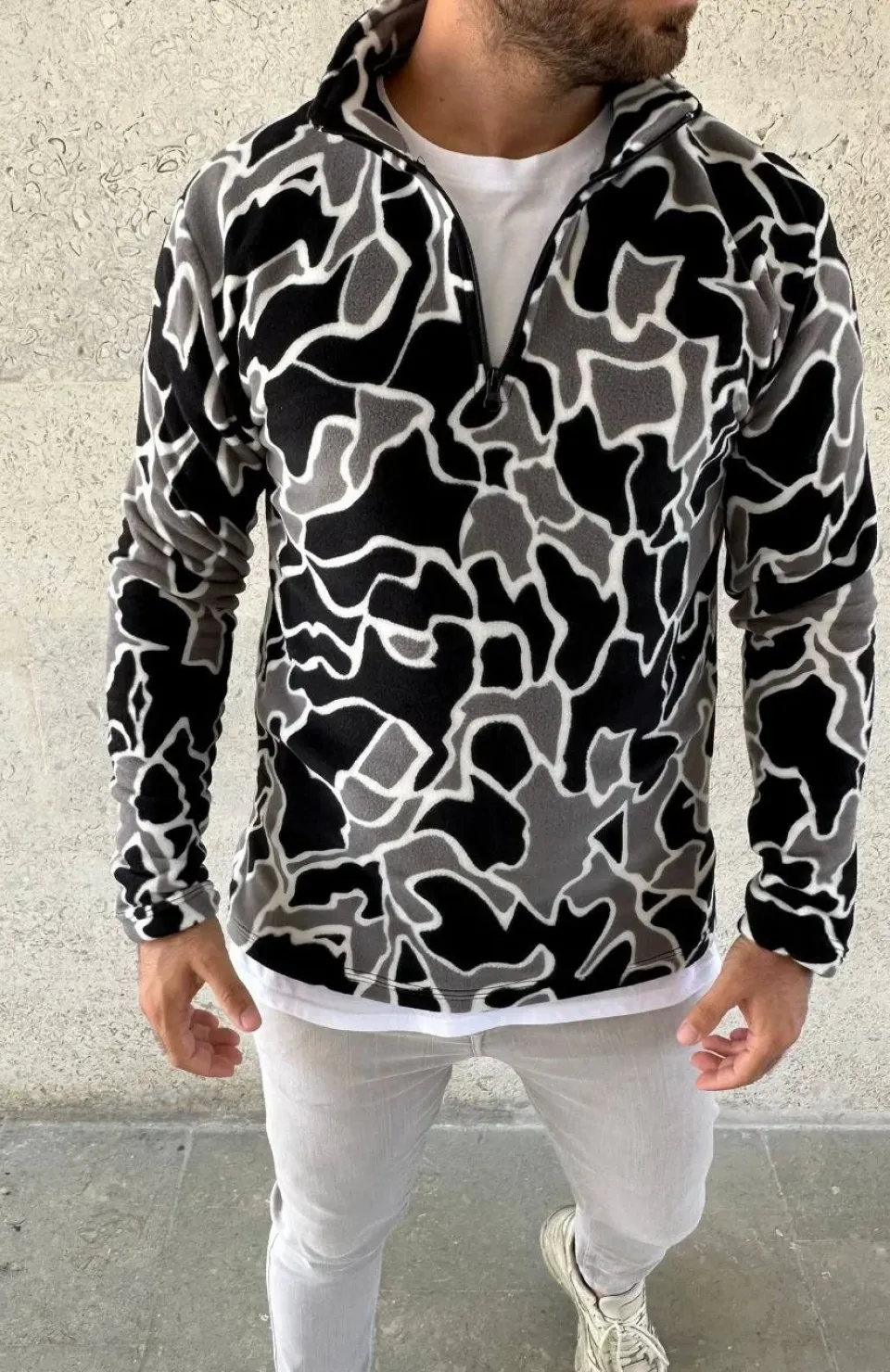 Erkek Yarım Fermuarlı Desenli Polar Sweat Yakalı, Uzun Kollu, Oversize Rahat Kalıp - Siyah