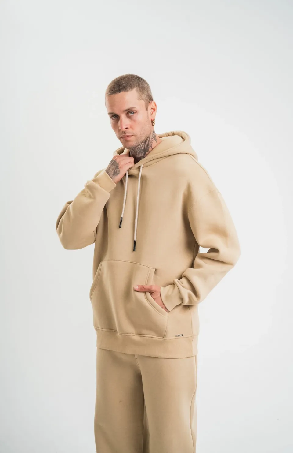 Unisex Double Oversize Kapşonlu Basic SweatShirt - Bej