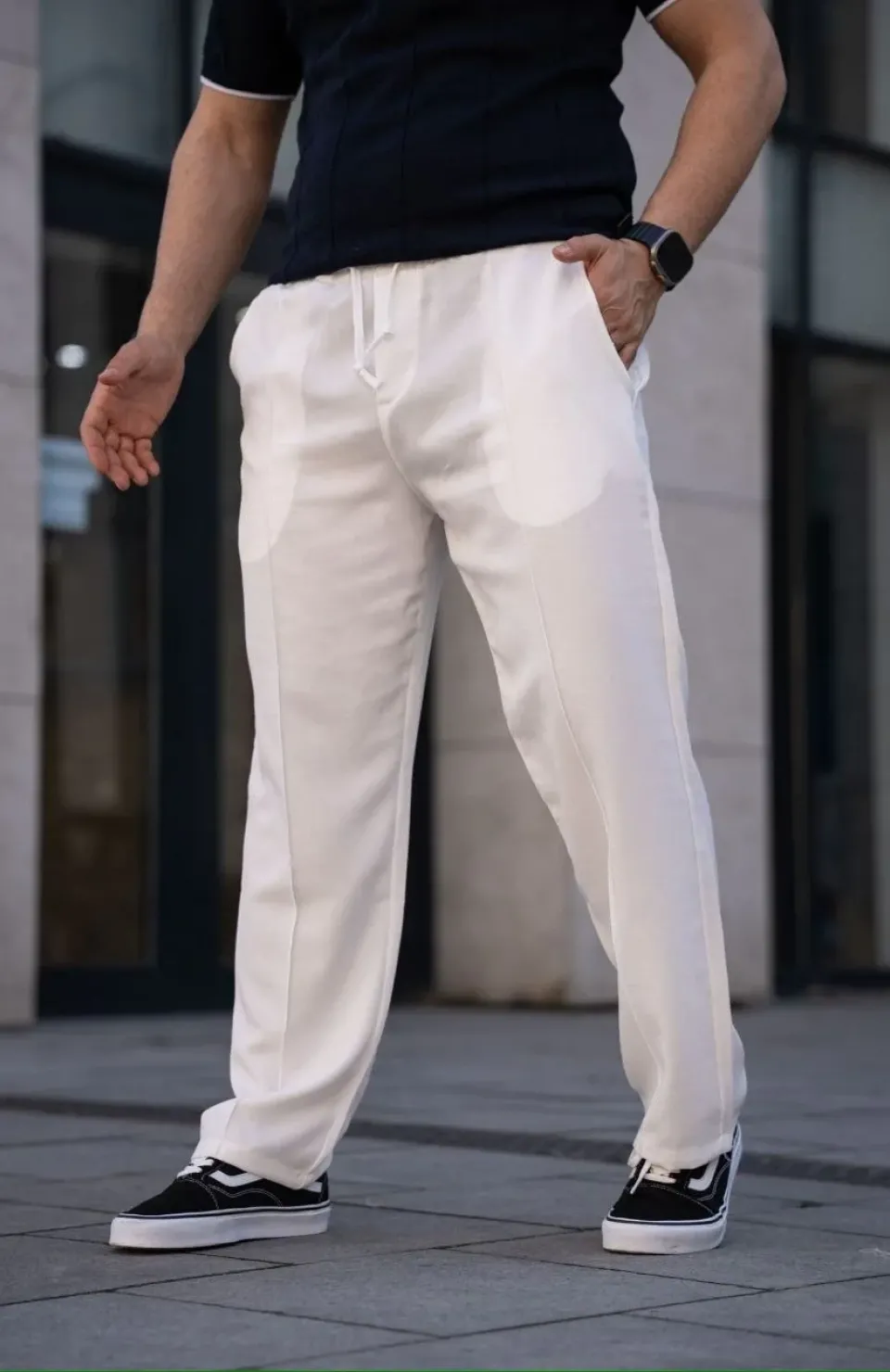 Erkek Keten Cepli Çıma Dikişli jogger Buggy Pantalon Rahat kalıp - Beyaz