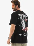 Unisex Bisiklet Yaka Baskılı Oversize T-Shirt - Siyah