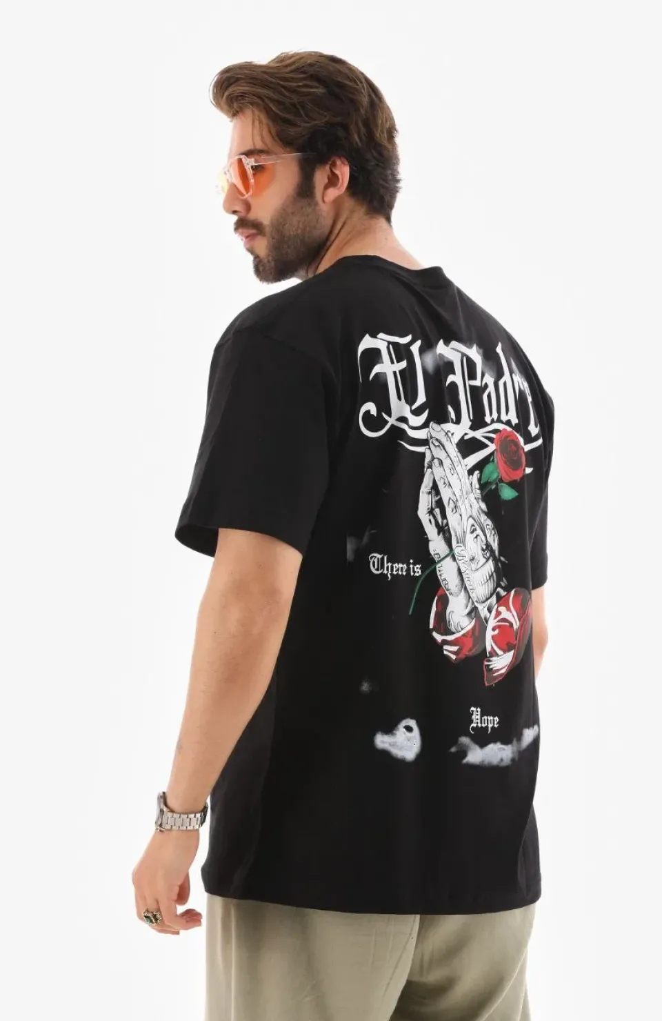 Unisex Bisiklet Yaka Baskılı Oversize T-Shirt - Siyah