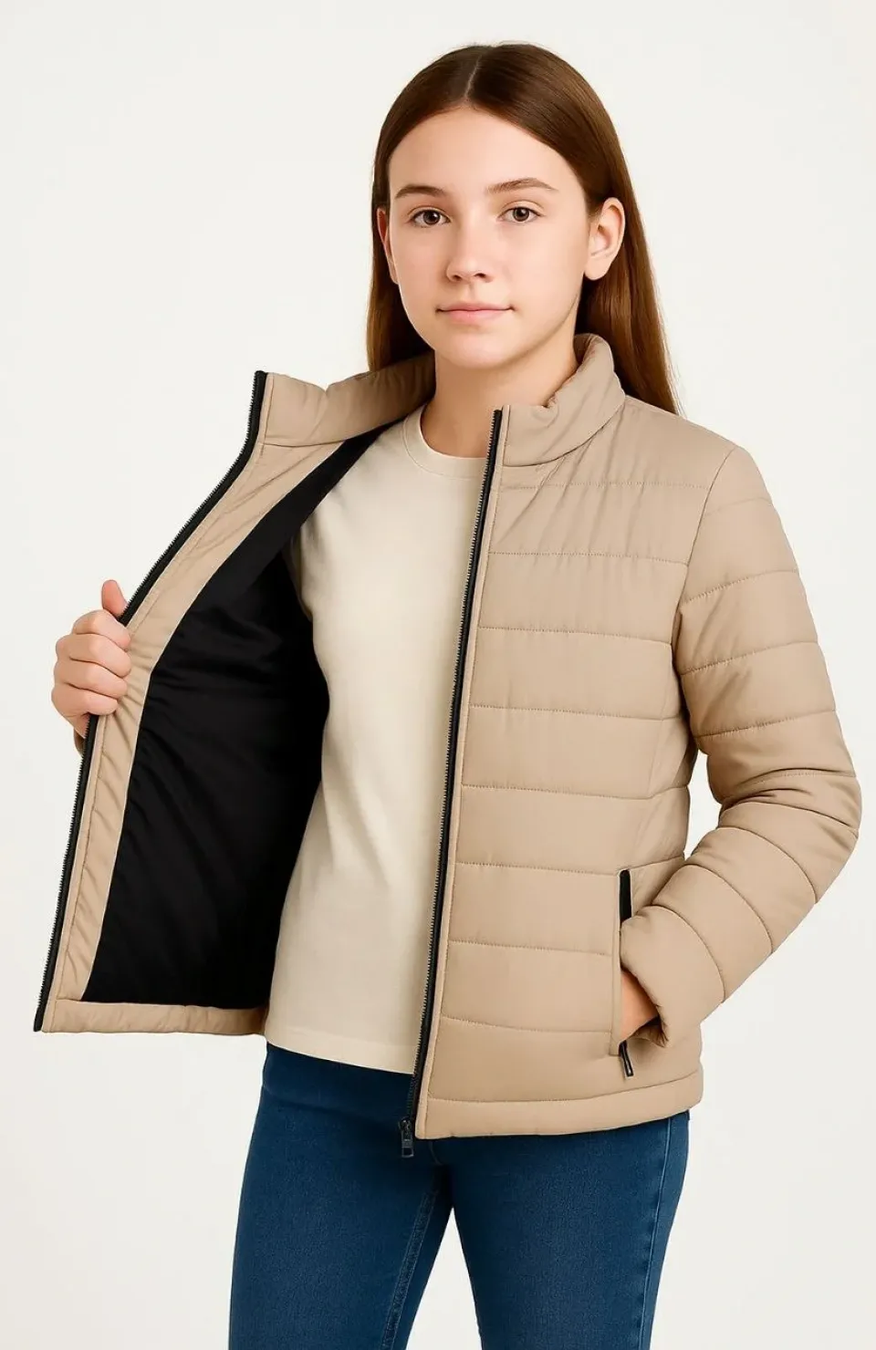 Kız Çocuk Şişme Mont Hafif ve Sıcak Tutucu Kışlık Fermuarlı Su İtici Rahat Günlük Mont Kapüşonuz Modern Tasarım - Bej Somersan Giyim | Kadın, Erkek ve Çocuk Moda