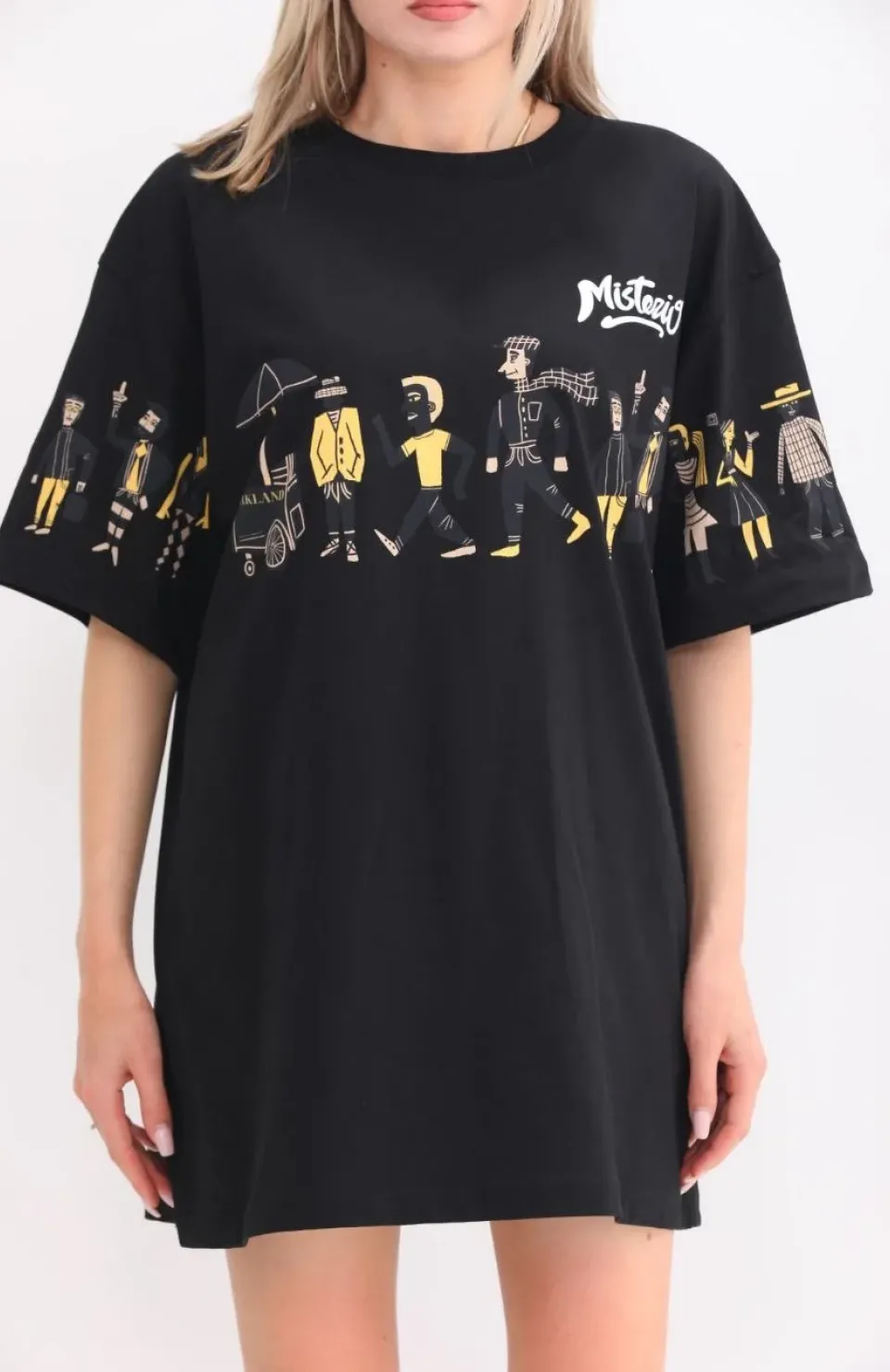 Unisex Bisiklet Yaka Baskılı Oversize T-Shirt - Siyah