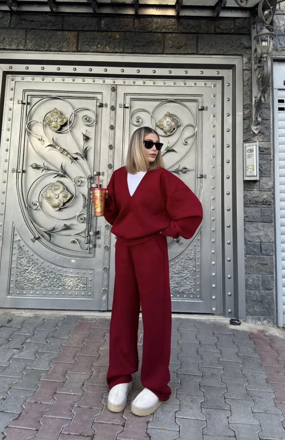 Geniş V Yaka Üç İplik Sweat Takım - Bordo