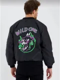 Wild One Baskılı Erkek Bomber Mont – Panter Desenli, Fermuarlı, Kapitone Astarlı Ceket - Siyah