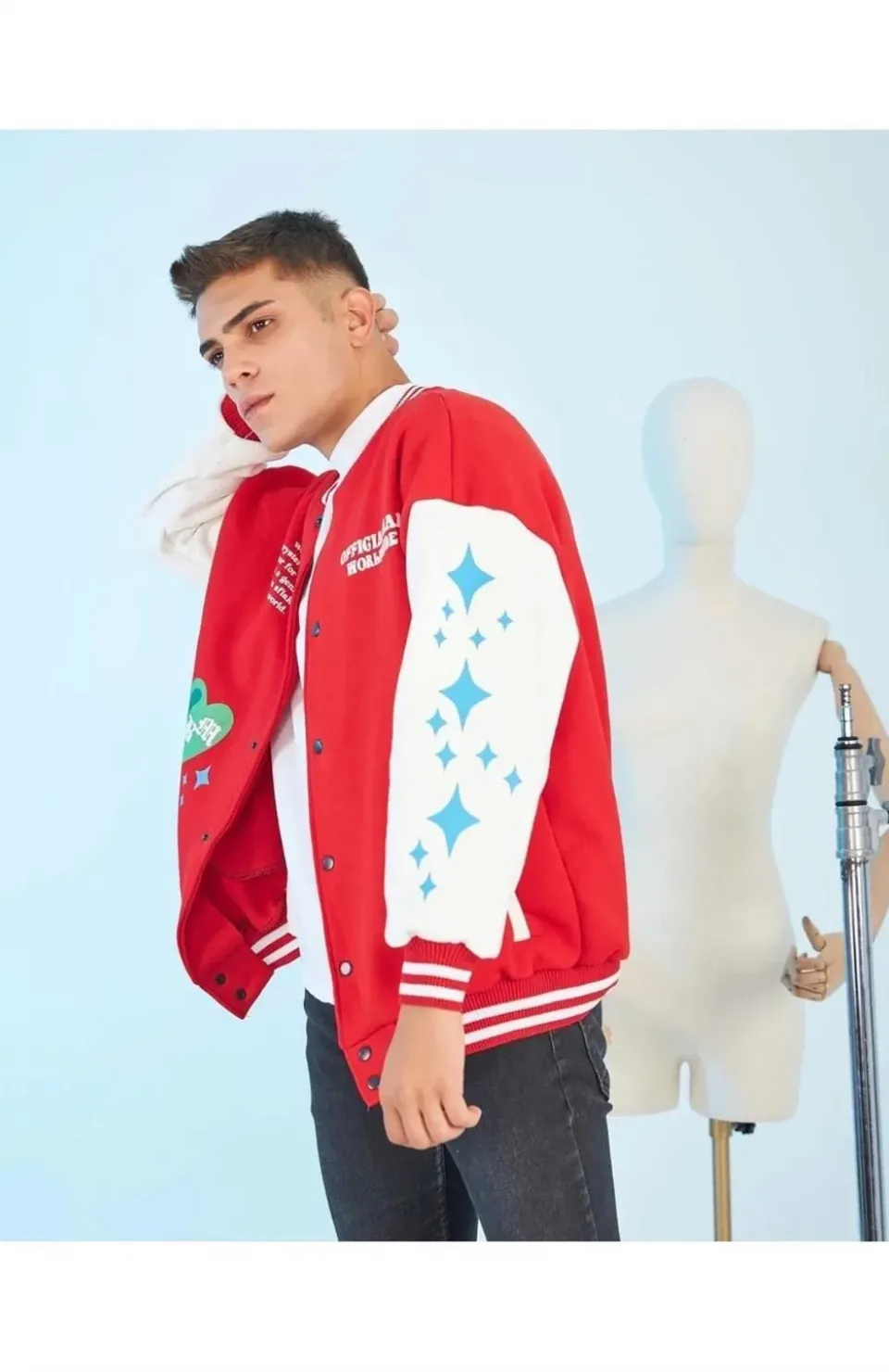 Erkek Kolları Yıldız Sırt Baskılı Oversize Kolej Ceket - Kırmızı Somersan Giyim | Kadın, Erkek ve Çocuk Moda