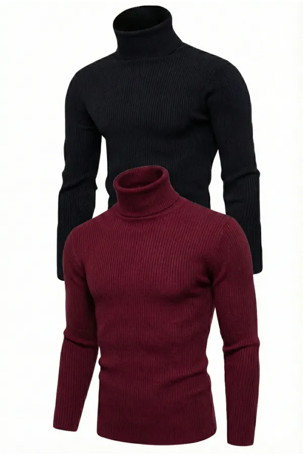 2'li Siyah Bordo Unisex Kaşkorse Boğazlı Full Likralı Fitilli Body Kazak
