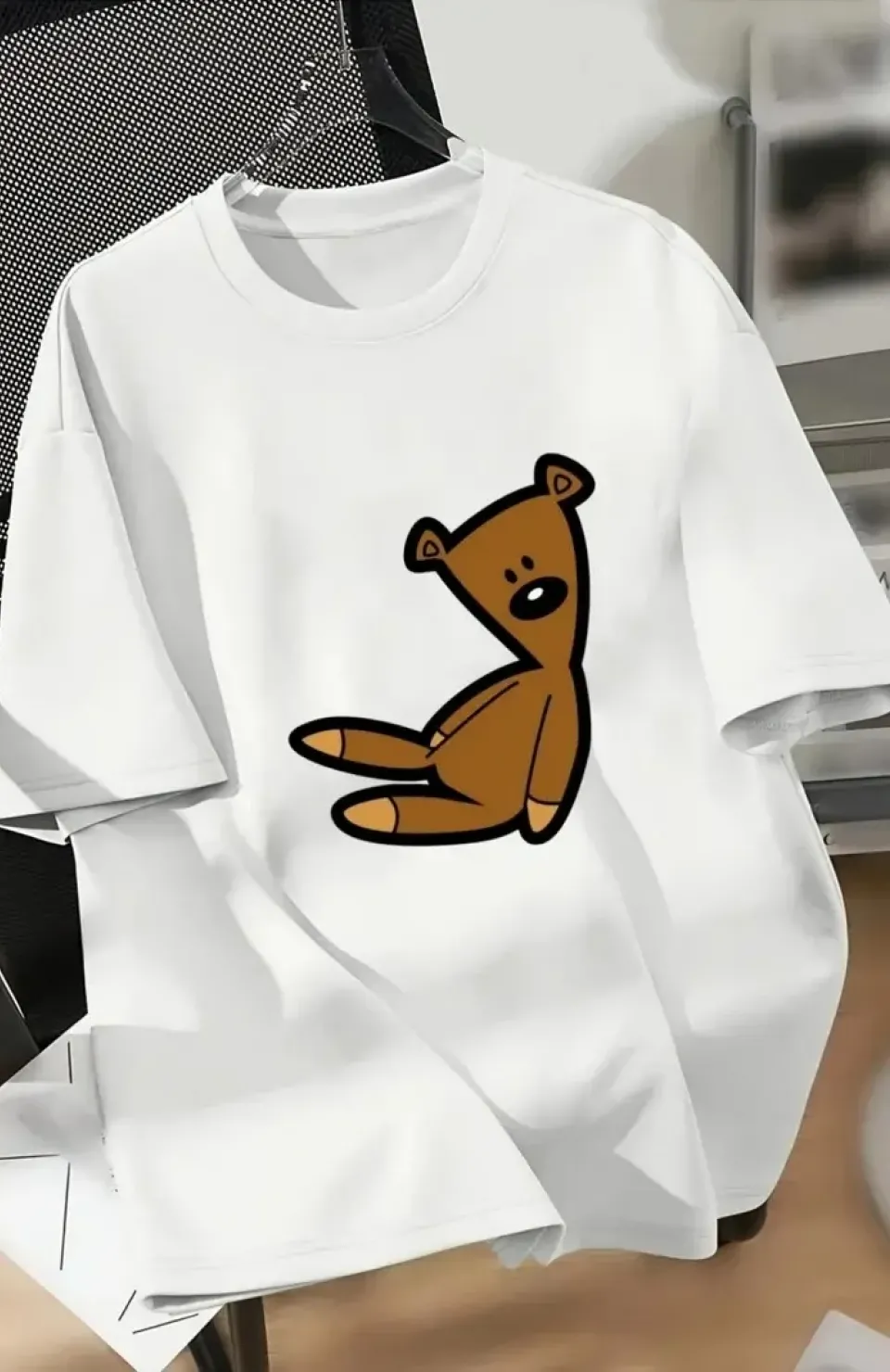 20/1 Penye Compack Ayı Baskılı Oversize Bisiklet Yaka Kısa Kol T-shirt - Beyaz