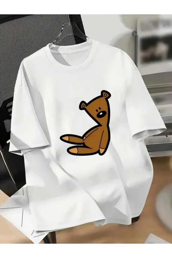 20/1 Penye Compack Ayı Baskılı Oversize Bisiklet Yaka Kısa Kol T-shirt - Beyaz