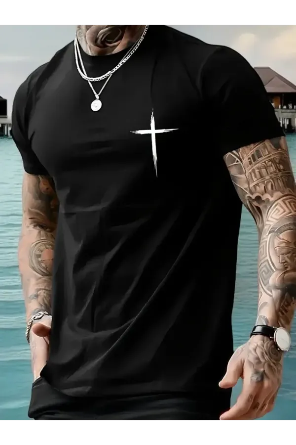 20/1 Penye Compack Baskılı Oversize Bisiklet Yaka Kısa Kol T-shirt - Siyah