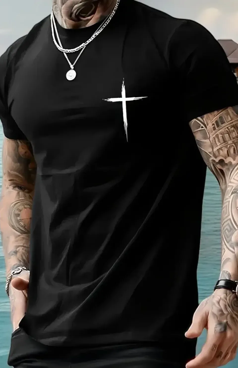 20/1 Penye Compack Baskılı Oversize Bisiklet Yaka Kısa Kol T-shirt - Siyah