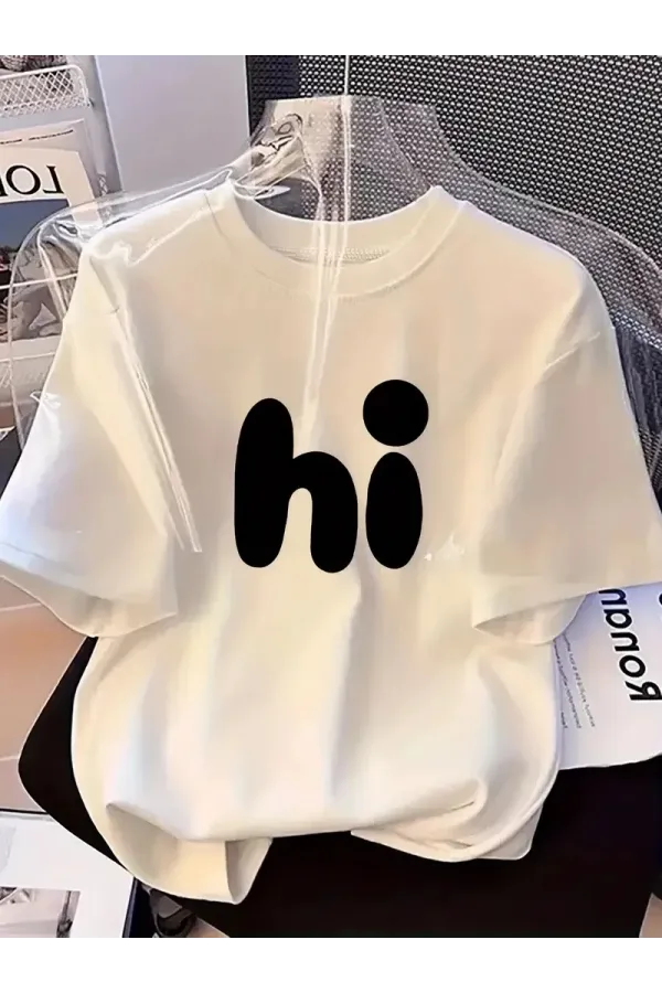 20/1 Penye Compack Baskılı Oversize Bisiklet Yaka Kısa Kol Yazlık T-shirt - Beyaz