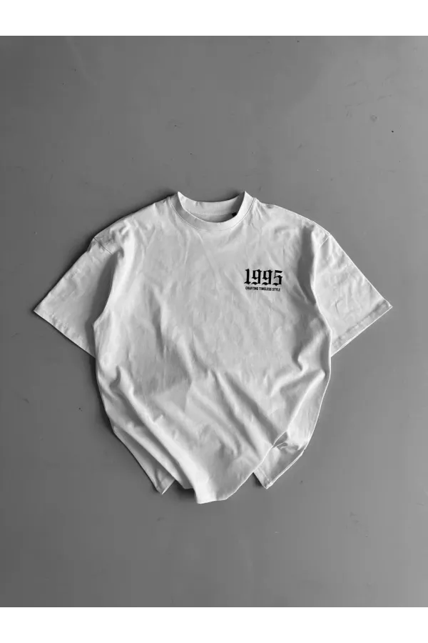 20/1 Penye Compack Baskılı Oversize Bisiklet Yaka Kısa Kol Yazlık T-shirt - Beyaz