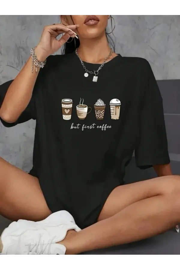 20/1 Penye Compack Baskılı Oversize Kahve Desenli Kadın Kısa Kol Yazlık T-shirt - Siyah