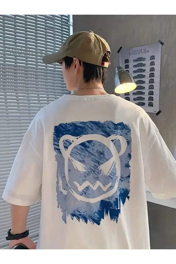 20/1 Penye Compack Bisiklet Yaka Kore tarzı sevimli ayı baskı Kısa Kol Erkek t-shirt - Beyaz