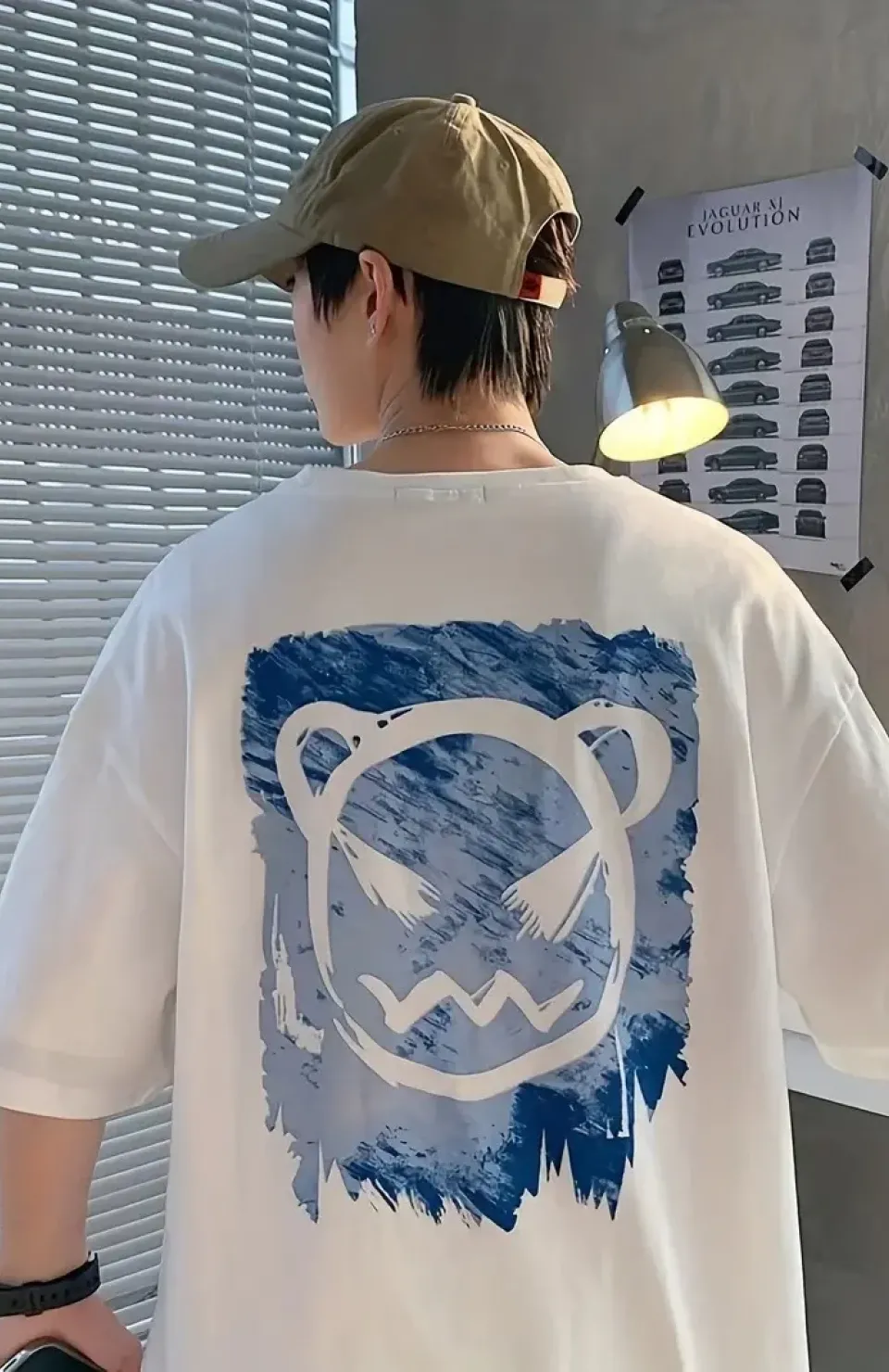 20/1 Penye Compack Bisiklet Yaka Kore tarzı sevimli ayı baskı Kısa Kol Erkek t-shirt - Beyaz