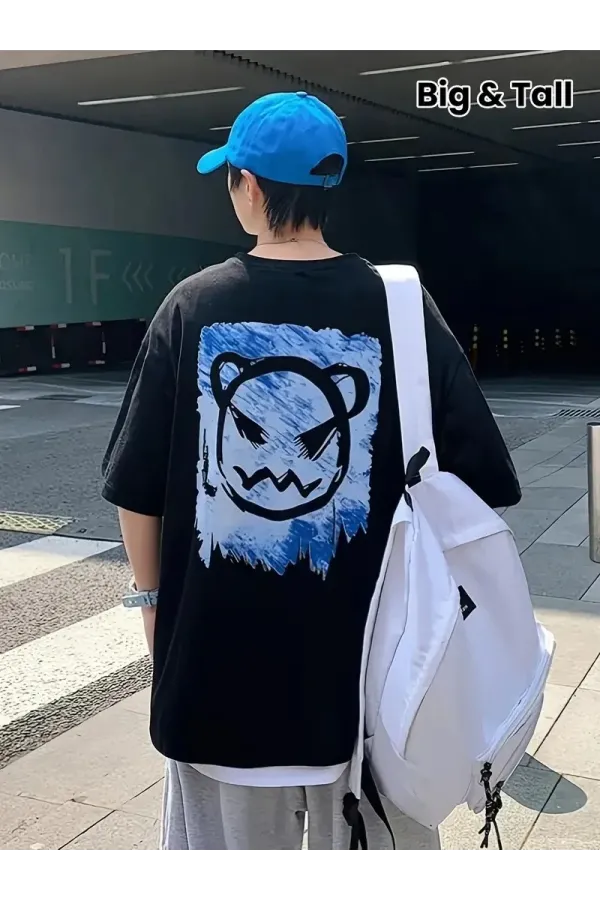 20/1 Penye Compack Bisiklet Yaka Kore tarzı sevimli ayı baskı Kısa Kol Erkek t-shirt - Siyah