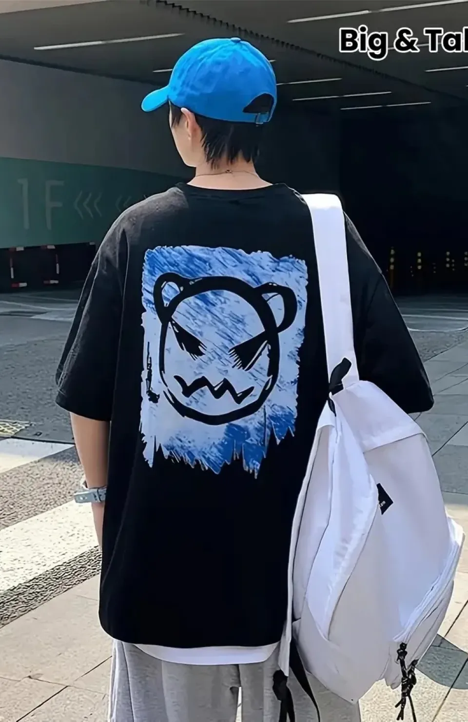 20/1 Penye Compack Bisiklet Yaka Kore tarzı sevimli ayı baskı Kısa Kol Erkek t-shirt - Siyah