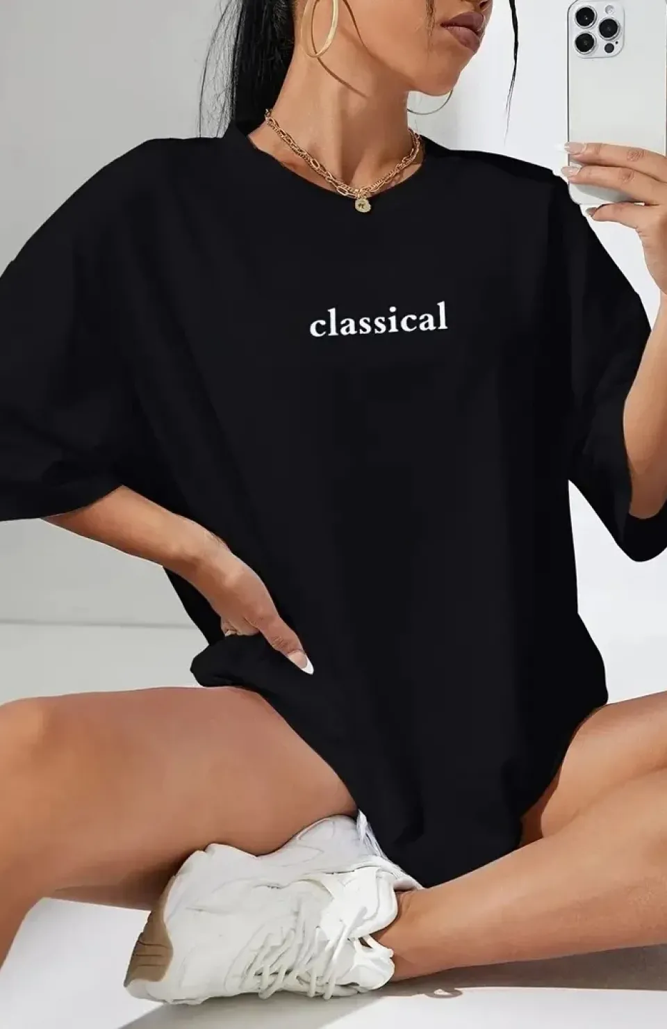 20/1 Penye Compack Classical Baskılı Siyah Oversize Tişort - Siyah