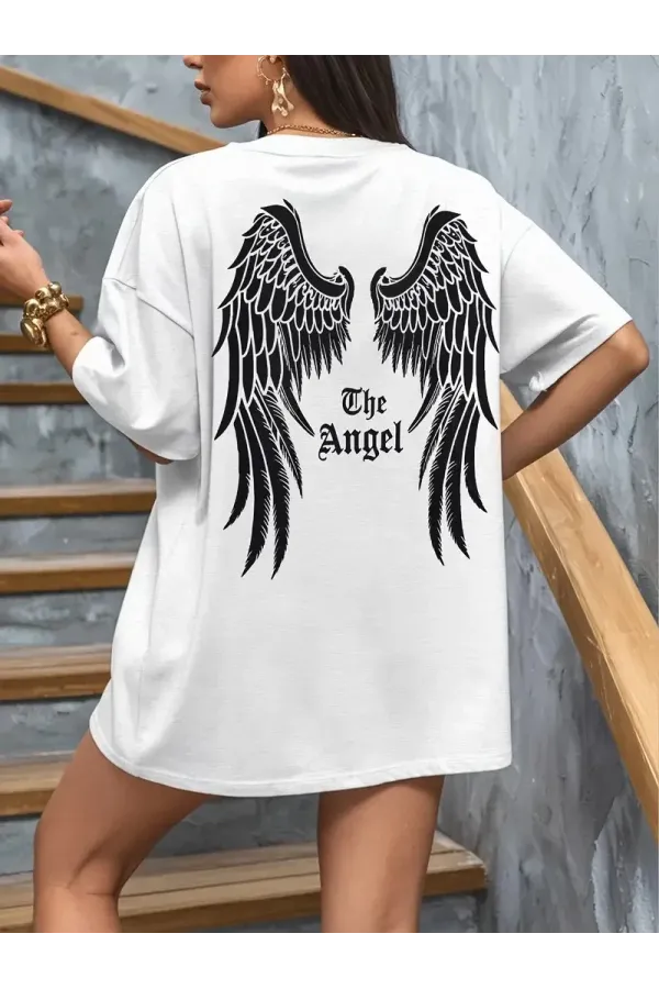 20/1 Penye Compack Dark Angel Baskılı Oversize Kısa Kol Yazlık T-shirt- Beyaz