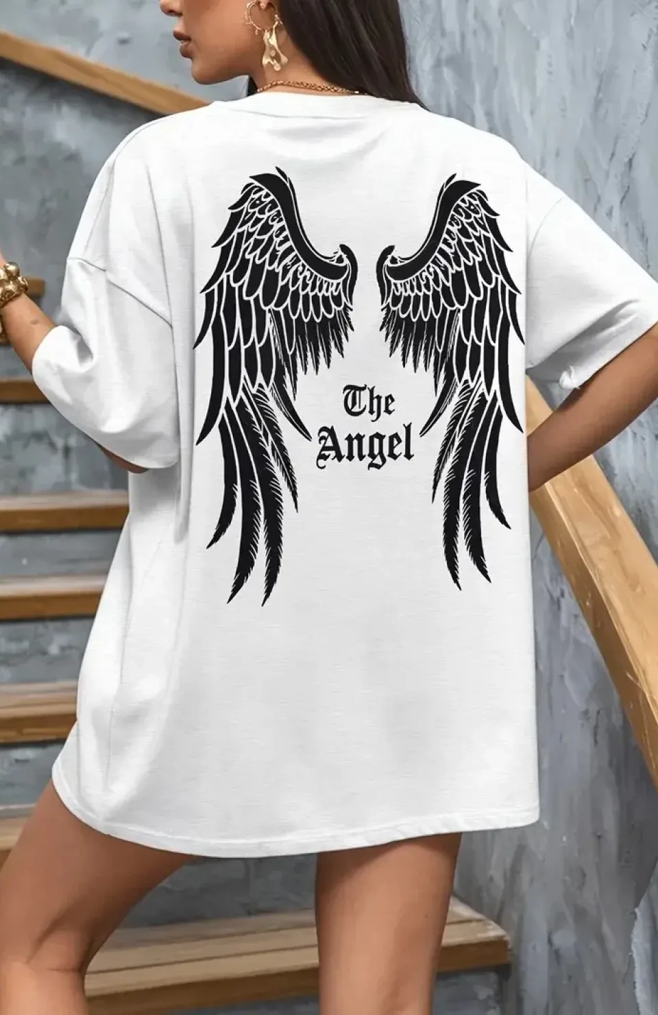 20/1 Penye Compack Dark Angel Baskılı Oversize Kısa Kol Yazlık T-shirt- Beyaz