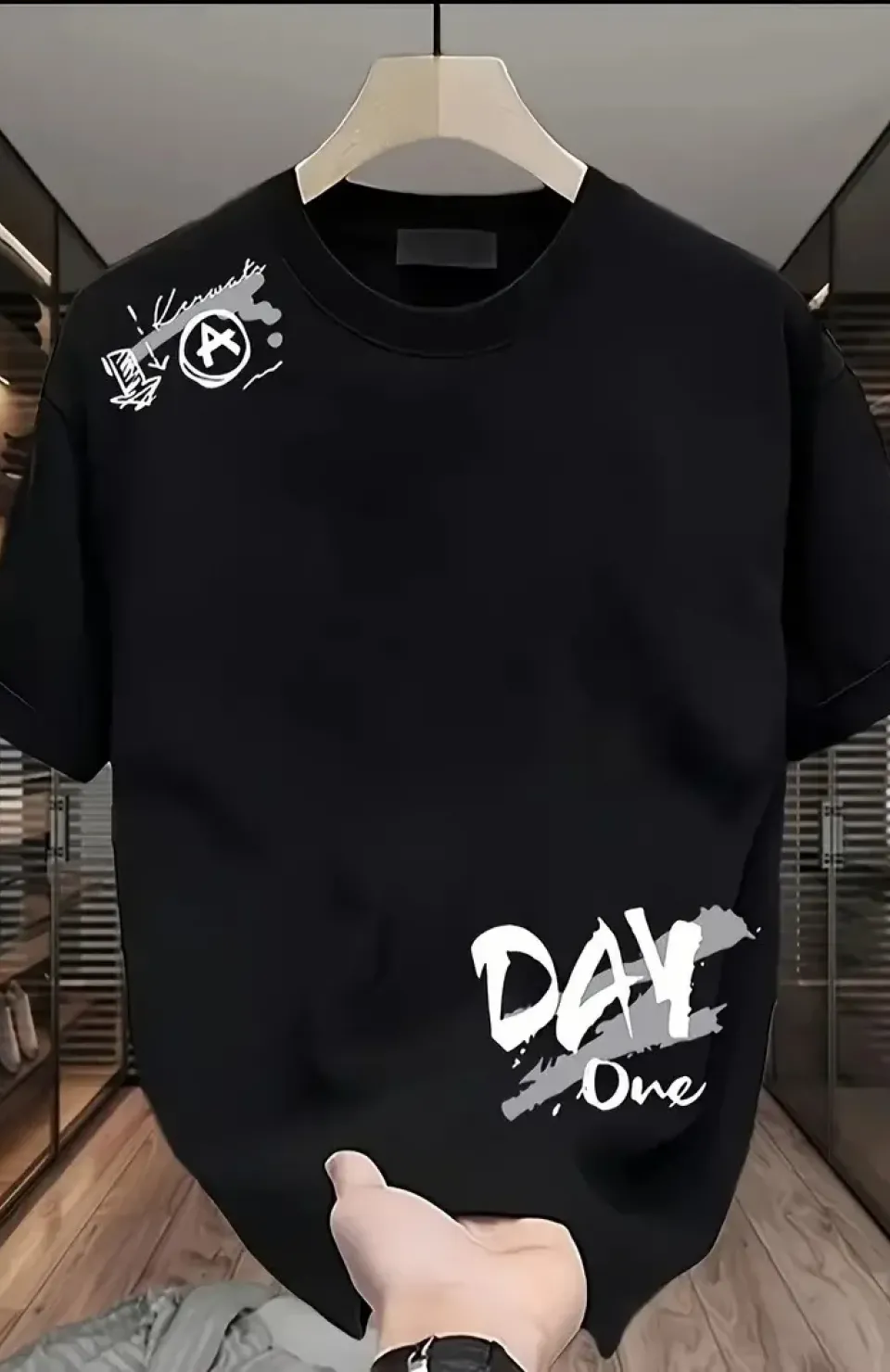 20/1 Penye Compack Day One Baskılı Oversize Bisiklet Yaka T-shirt - Siyah
