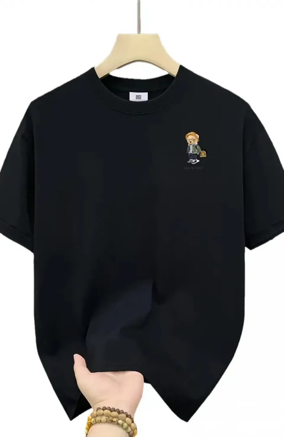 20/1 Penye Compack Gözlüklü Ayı Baskılı Oversize Bisiklet Yaka Erkek T-shirt - Siyah