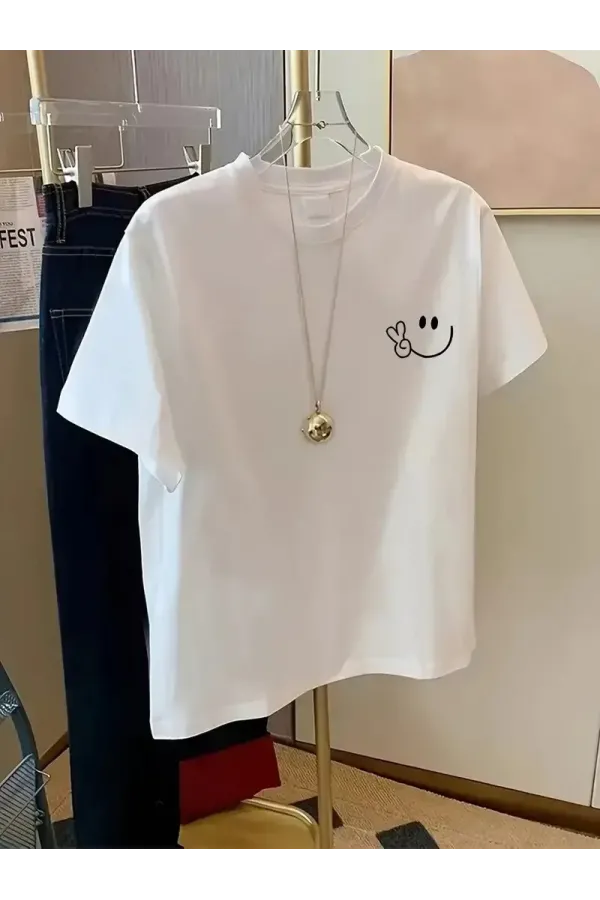 20/1 Penye Compack Gülücük Baskılı Oversize Bisiklet Yaka Kısa Kol Yazlık T-shirt - Beyaz