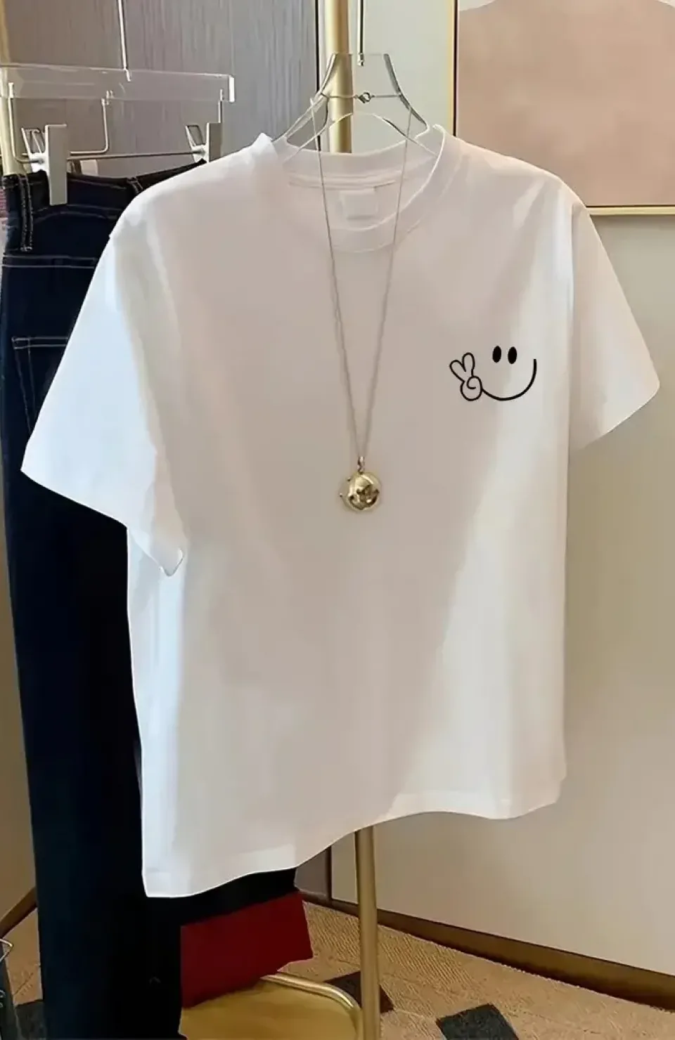 20/1 Penye Compack Gülücük Baskılı Oversize Bisiklet Yaka Kısa Kol Yazlık T-shirt - Beyaz