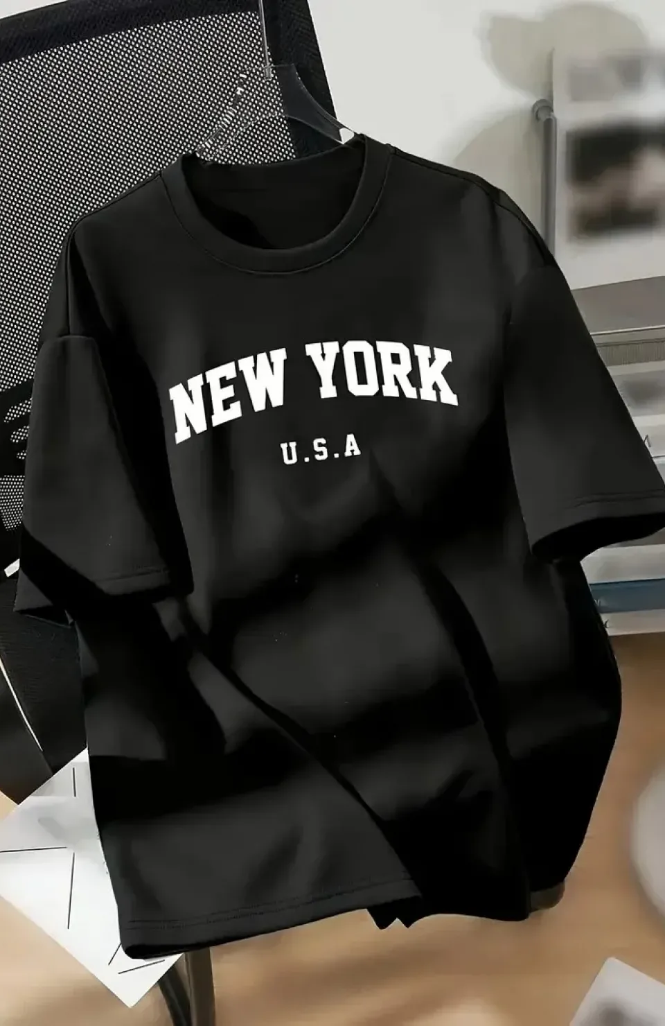 20/1 Penye Compack New York Baskılı Oversize Kısa Kol Bisiklet Yaka T-shirt - Siyah