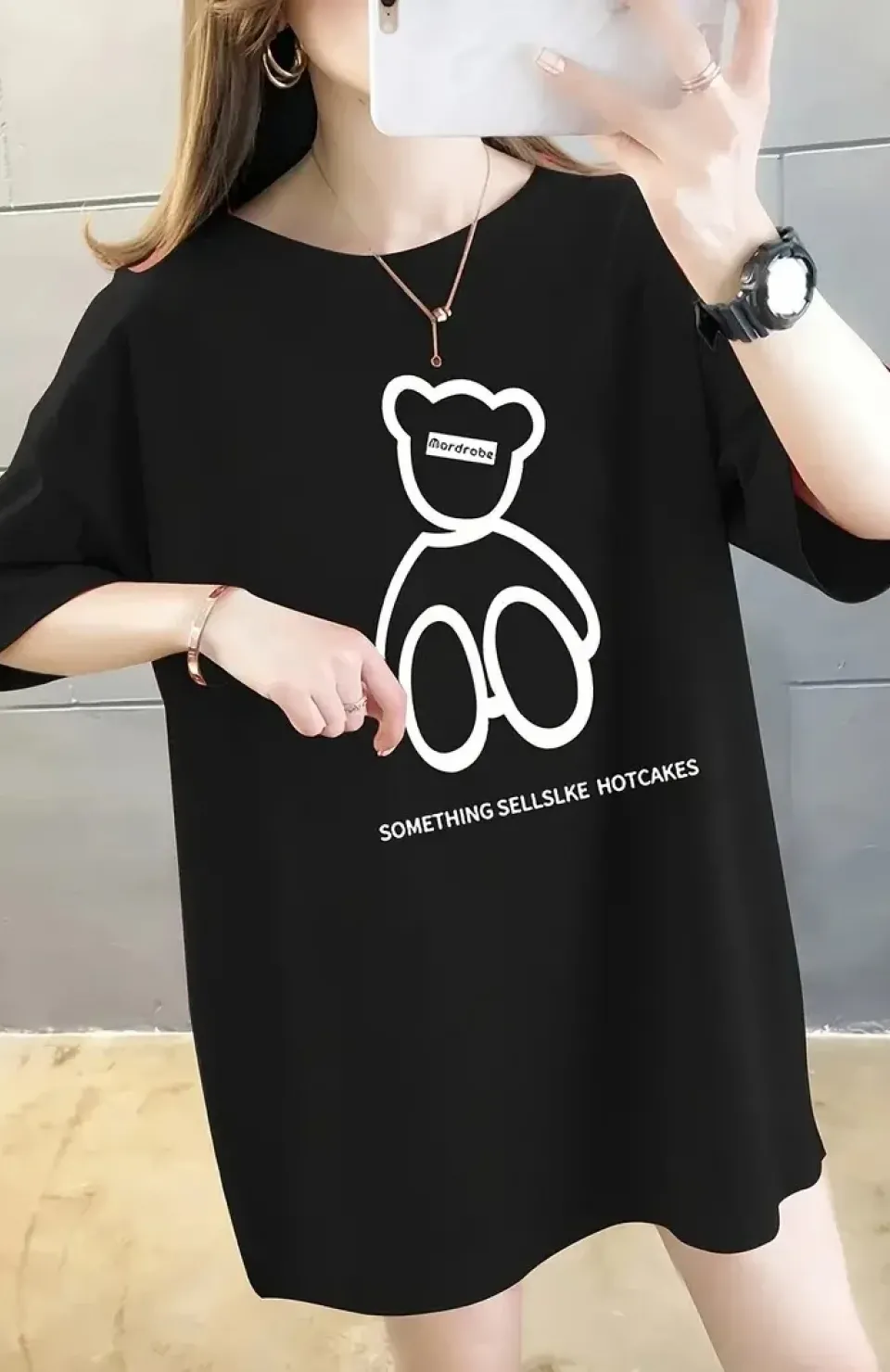 20/1 Penye Compack Ön Arka Baskılı Oversize Bisiklet Yaka T-shirt - Siyah