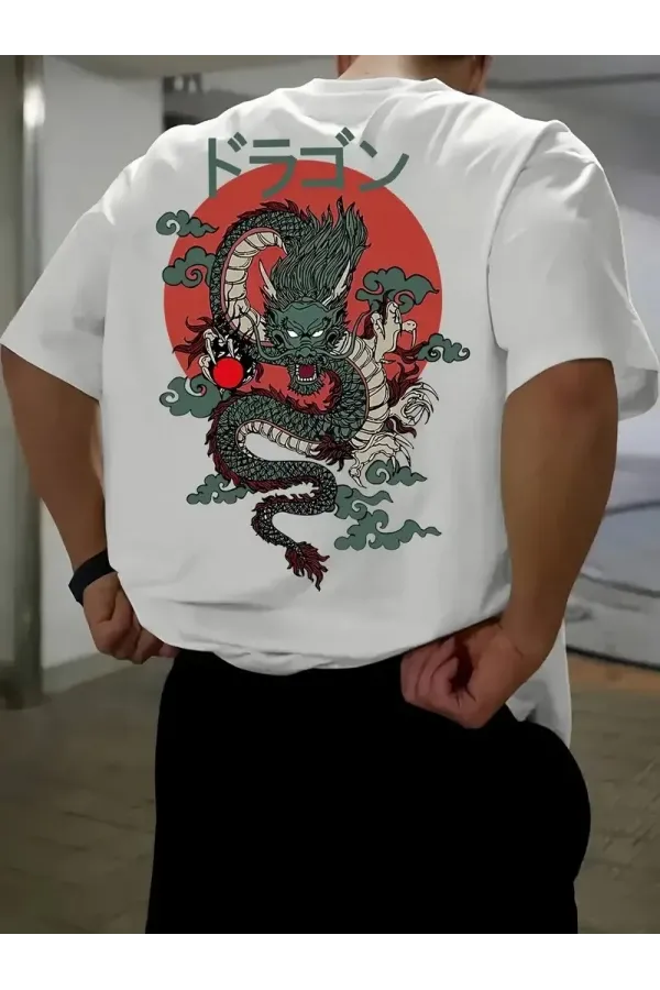 20/1 Penye Compack Ön Arka Ejder Baskılı Oversize Bisiklet Yaka T-shirt - Beyaz