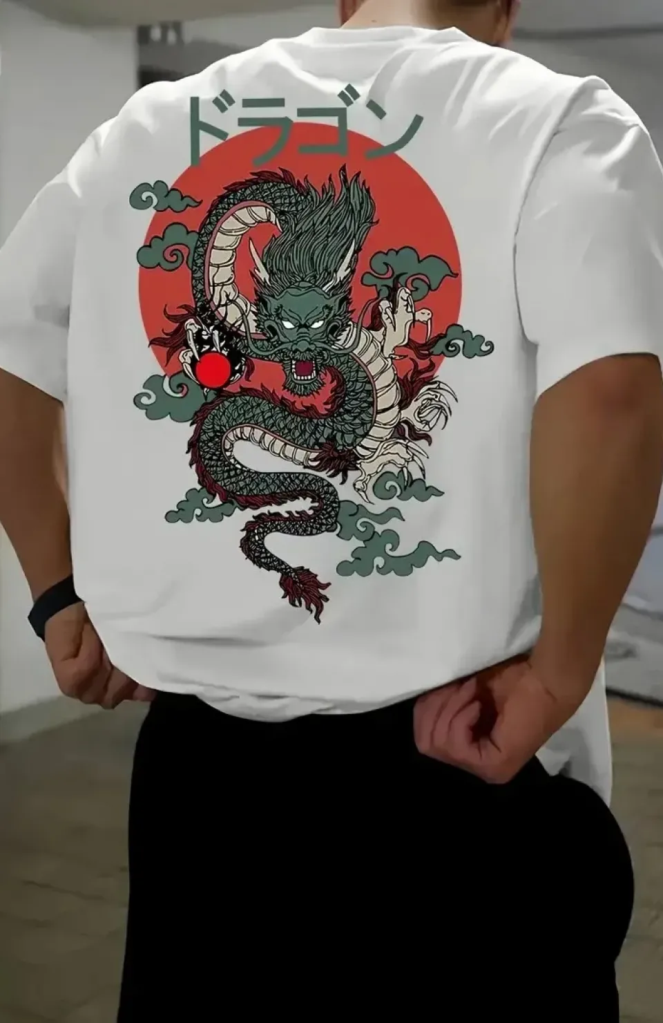 20/1 Penye Compack Ön Arka Ejder Baskılı Oversize Bisiklet Yaka T-shirt - Beyaz