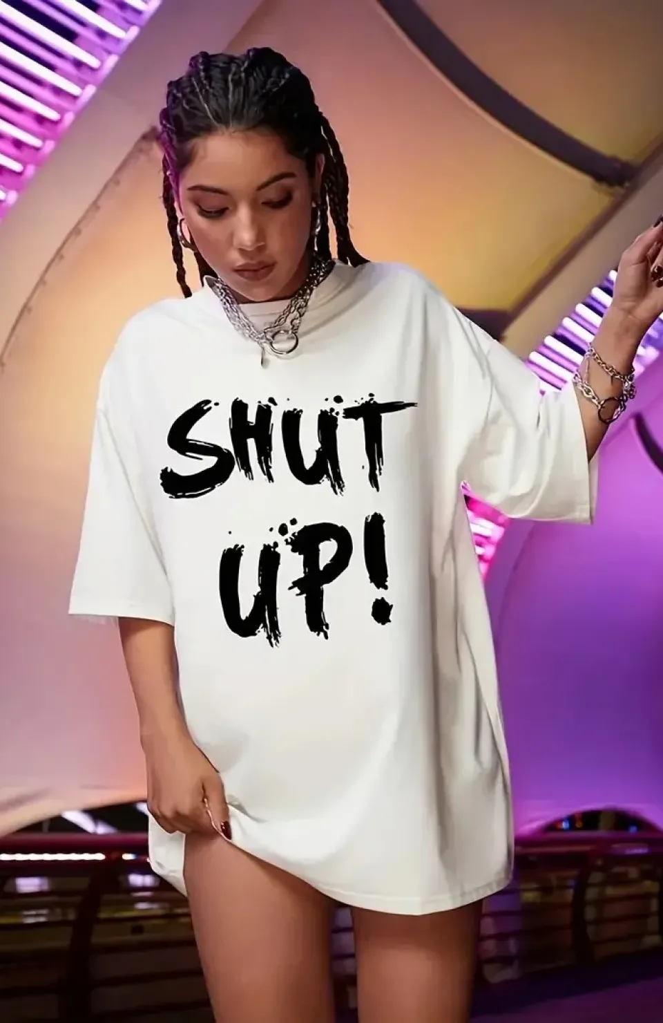 20/1 Penye Compack Oversize Beyaz Shut Up Kısa Kol Yazlık Tişört - Beyaz