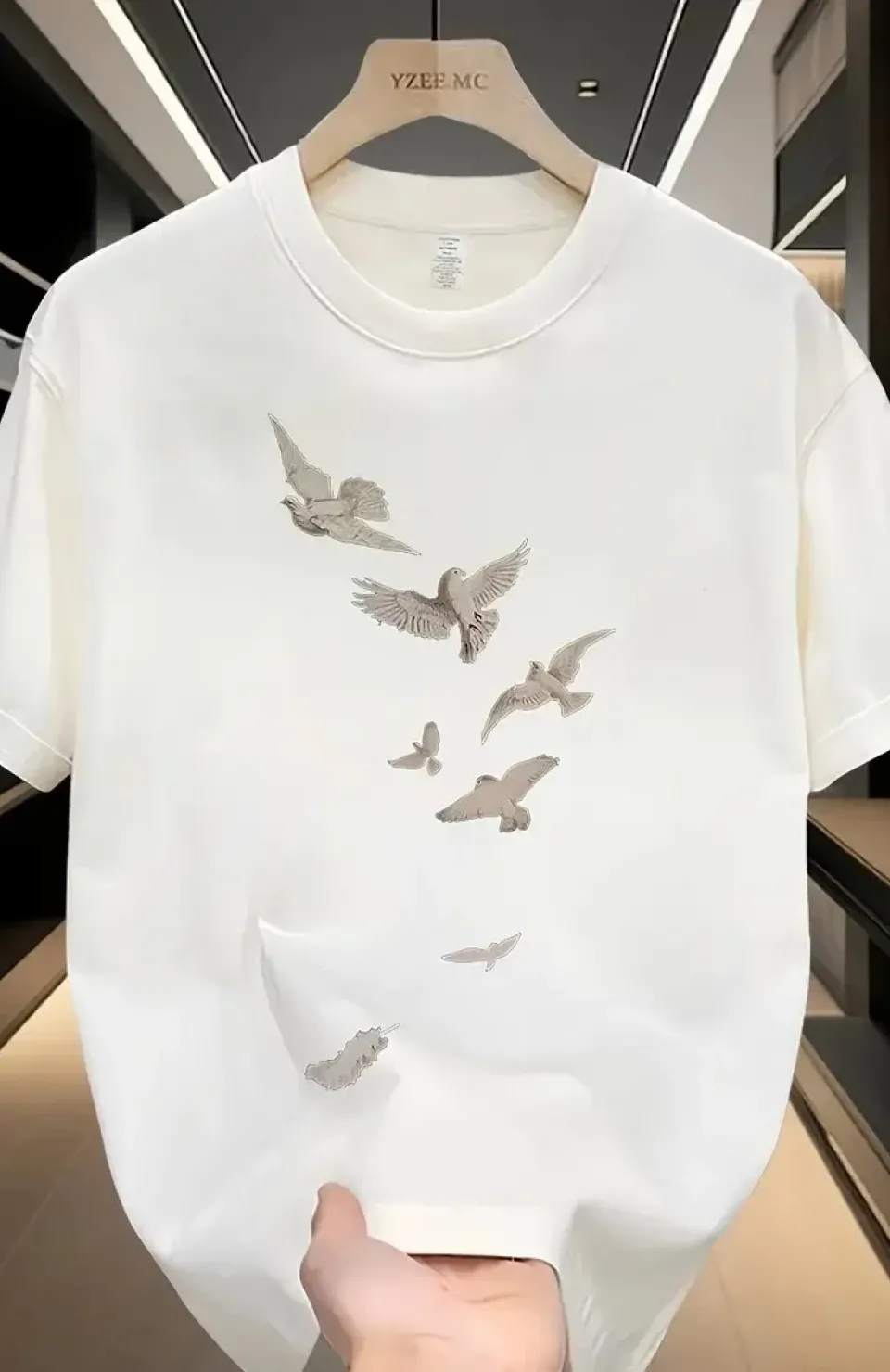 20/1 Penye Compack Özgür kuşlar Baskılı Oversize Bisiklet Yaka T-shirt - Beyaz